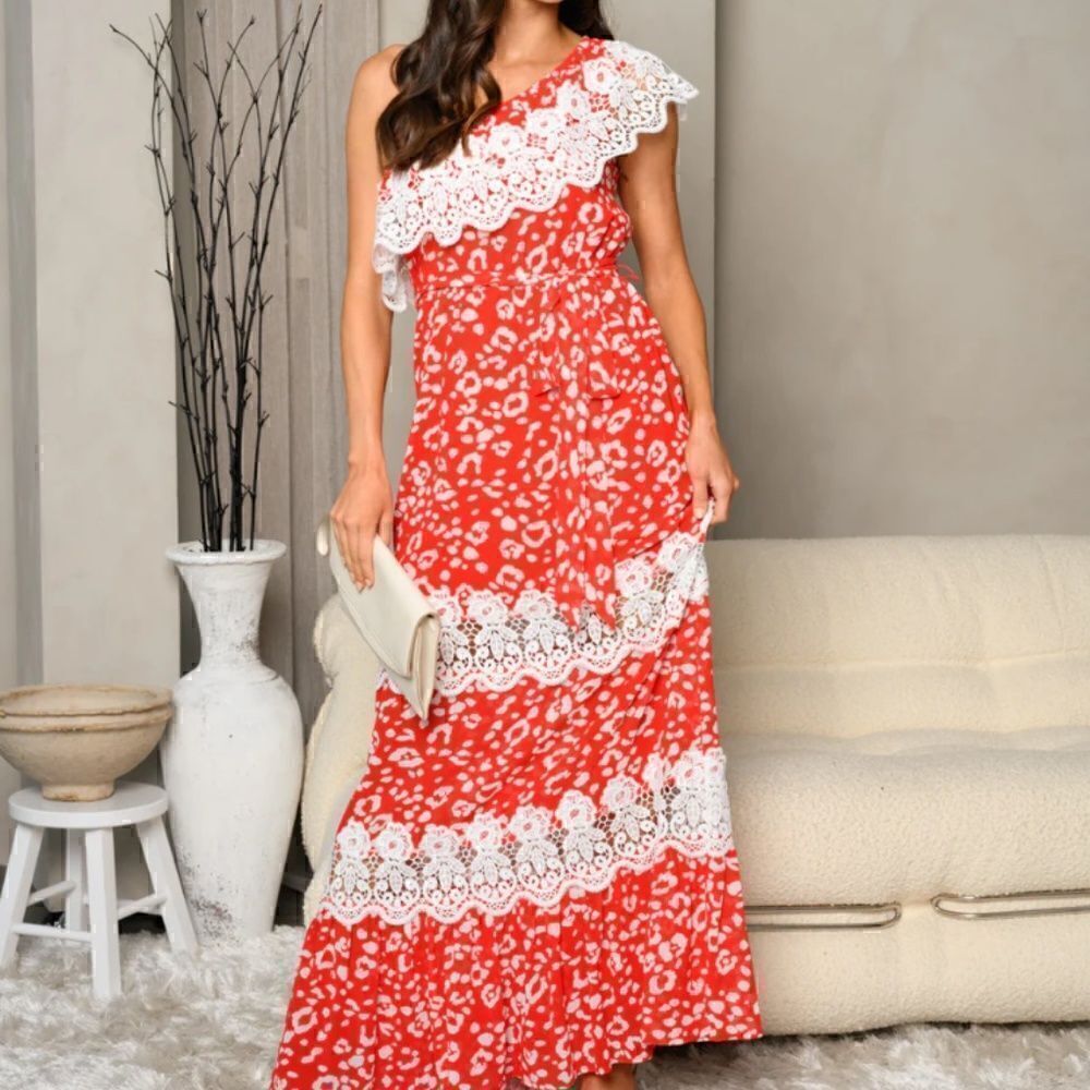 NEW! WOMEN'S BOHO ONE SHOULDER CROCHET RED ANIMAL PRINT MAXI DRESS